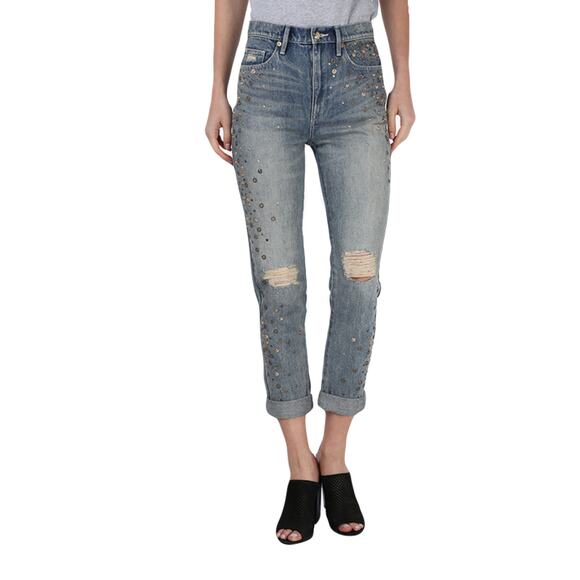 NWOT JUICY COUTURE BLACK LABEL Jeans 27”Girlfriend”Blue Gold-Studded Distressed - Picture 1 of 16
